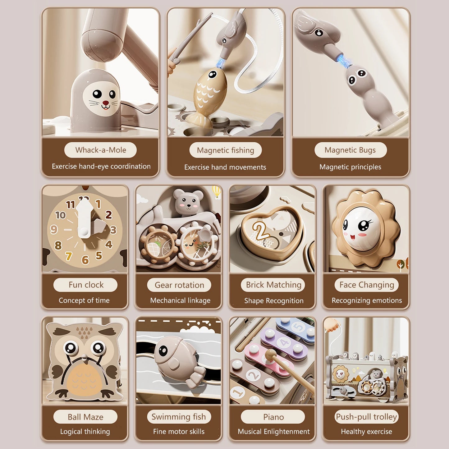 Children Montessori Toy Sensory Magnetic Educational Fishing Owl Busy Board Mole Game Number Xylophone for 3 Year Toddlers Gifts